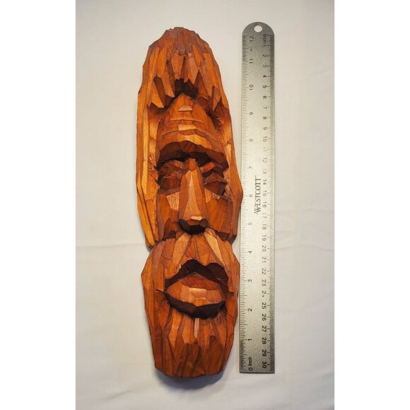 Vintage Wooden Carved Man Face Sculpture Folk Art Wall Hanging Decor - Picture 3 of 4